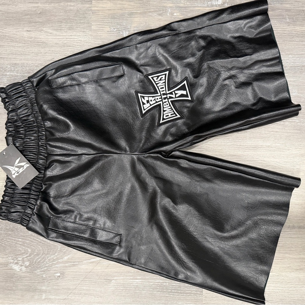 Black KZA Leather Men's Shorts with Cross Logo